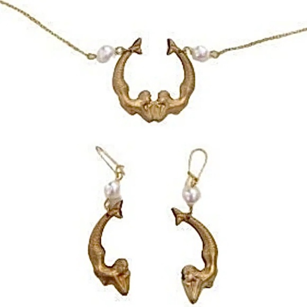 mermaids in love, necklace and earring set with brass mermaids and glass pearls